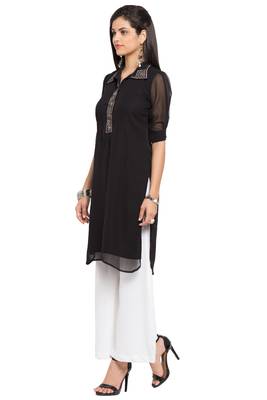 Black Plain Georgette Stitched Long Kurti 4