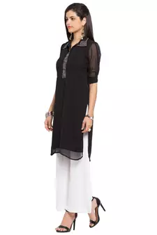 Black Plain Georgette Stitched Long Kurti