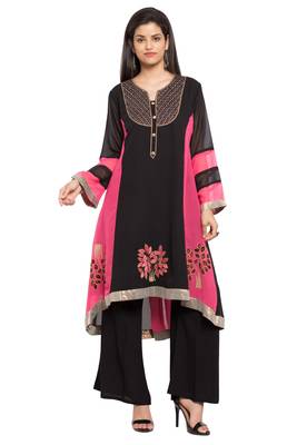Black Embroidered Georgette Stitched Long Kurti 1