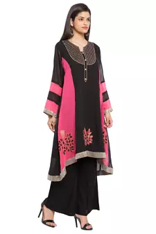 Black Embroidered Georgette Stitched Long Kurti