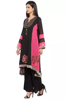 Black Embroidered Georgette Stitched Long Kurti