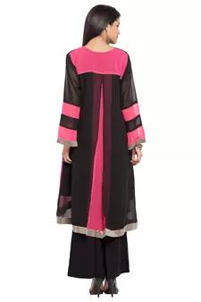 Black Embroidered Georgette Stitched Long Kurti