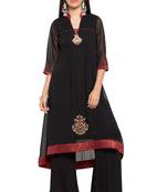 Black Embroidered Georgette Stitched Long Kurti