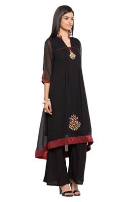Black Embroidered Georgette Stitched Long Kurti 3
