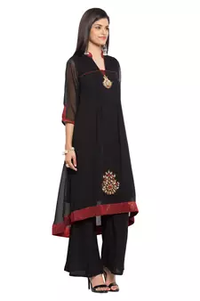 Black Embroidered Georgette Stitched Long Kurti