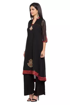 Black Embroidered Georgette Stitched Long Kurti