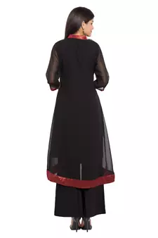 Black Embroidered Georgette Stitched Long Kurti