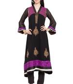 Black Embroidered Georgette Stitched Long Kurti