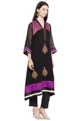 Black Embroidered Georgette Stitched Long Kurti 3