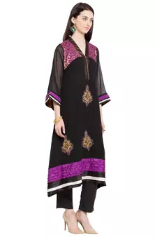Black Embroidered Georgette Stitched Long Kurti