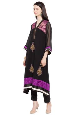 Black Embroidered Georgette Stitched Long Kurti 4