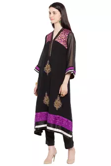 Black Embroidered Georgette Stitched Long Kurti