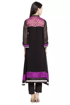 Black Embroidered Georgette Stitched Long Kurti