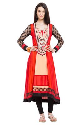 Orange Embroidered Georgette Stitched Long Kurti 1