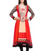 Orange Embroidered Georgette Stitched Long Kurti
