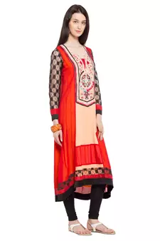 Orange Embroidered Georgette Stitched Long Kurti