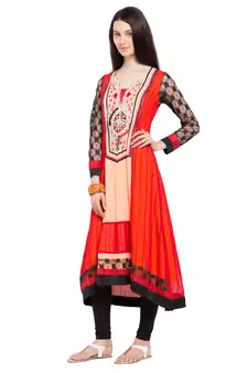 Orange Embroidered Georgette Stitched Long Kurti