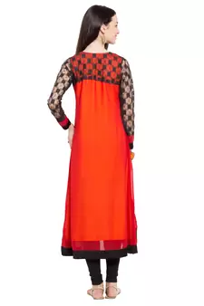 Orange Embroidered Georgette Stitched Long Kurti