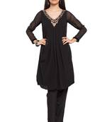 Black Embroidered Georgette Stitched Long Kurti