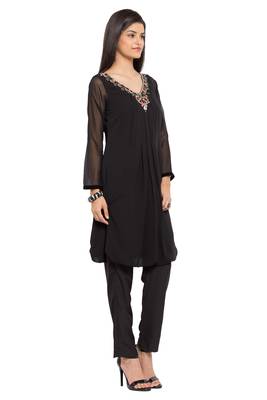 Black Embroidered Georgette Stitched Long Kurti 3