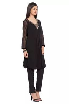 Black Embroidered Georgette Stitched Long Kurti