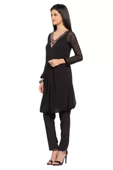 Black Embroidered Georgette Stitched Long Kurti