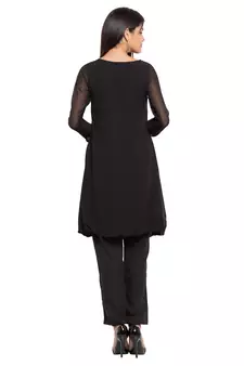 Black Embroidered Georgette Stitched Long Kurti