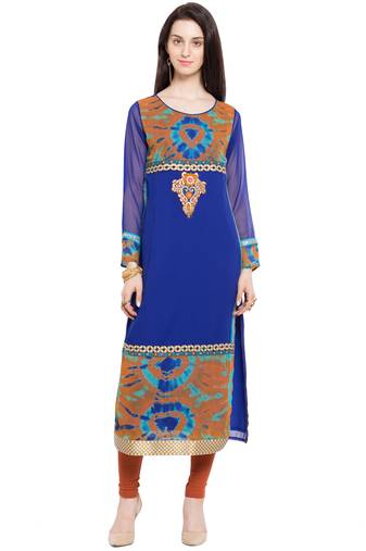 Blue Embroidered Georgette Stitched Long Kurti