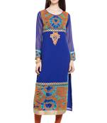 Blue Embroidered Georgette Stitched Long Kurti