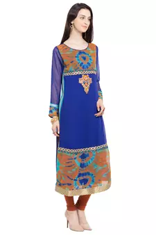 Blue Embroidered Georgette Stitched Long Kurti
