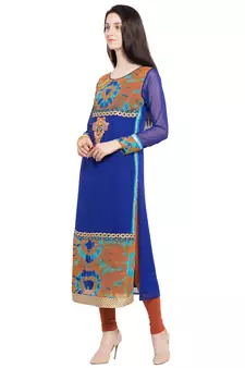 Blue Embroidered Georgette Stitched Long Kurti