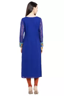 Blue Embroidered Georgette Stitched Long Kurti
