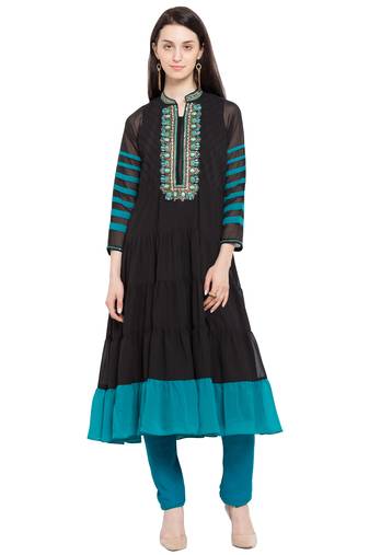 Black Embroidered Georgette Stitched Long Kurti
