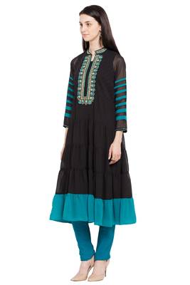 Black Embroidered Georgette Stitched Long Kurti 3