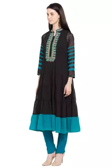 Black Embroidered Georgette Stitched Long Kurti