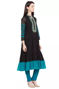 Black Embroidered Georgette Stitched Long Kurti
