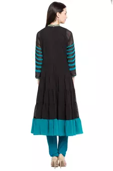 Black Embroidered Georgette Stitched Long Kurti