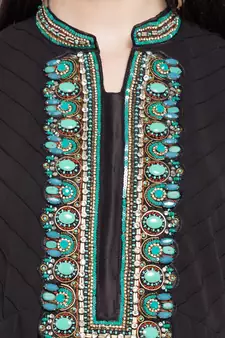 Black Embroidered Georgette Stitched Long Kurti