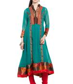 Green Embroidered Georgette Stitched Long Kurti