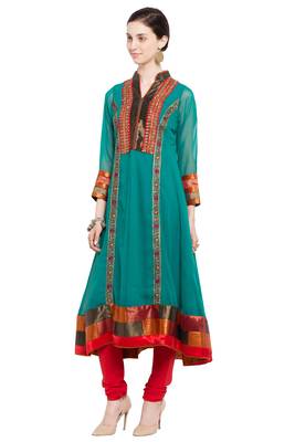 Green Embroidered Georgette Stitched Long Kurti 3