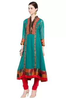 Green Embroidered Georgette Stitched Long Kurti