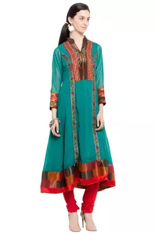 Green Embroidered Georgette Stitched Long Kurti