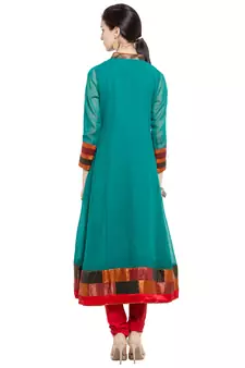 Green Embroidered Georgette Stitched Long Kurti