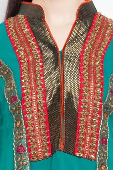 Green Embroidered Georgette Stitched Long Kurti