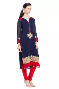 Blue Embroidered Georgette Stitched Long Kurti