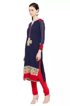 Blue Embroidered Georgette Stitched Long Kurti