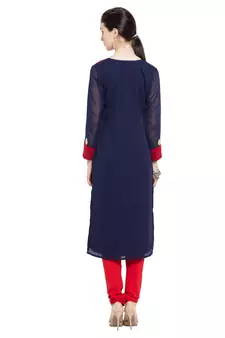 Blue Embroidered Georgette Stitched Long Kurti