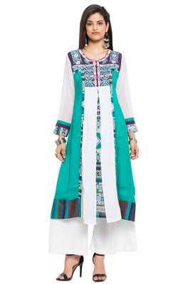 Green Embroidered Cotton Stitched Long Kurti 1