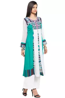 Green Embroidered Cotton Stitched Long Kurti