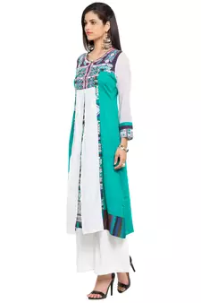 Green Embroidered Cotton Stitched Long Kurti